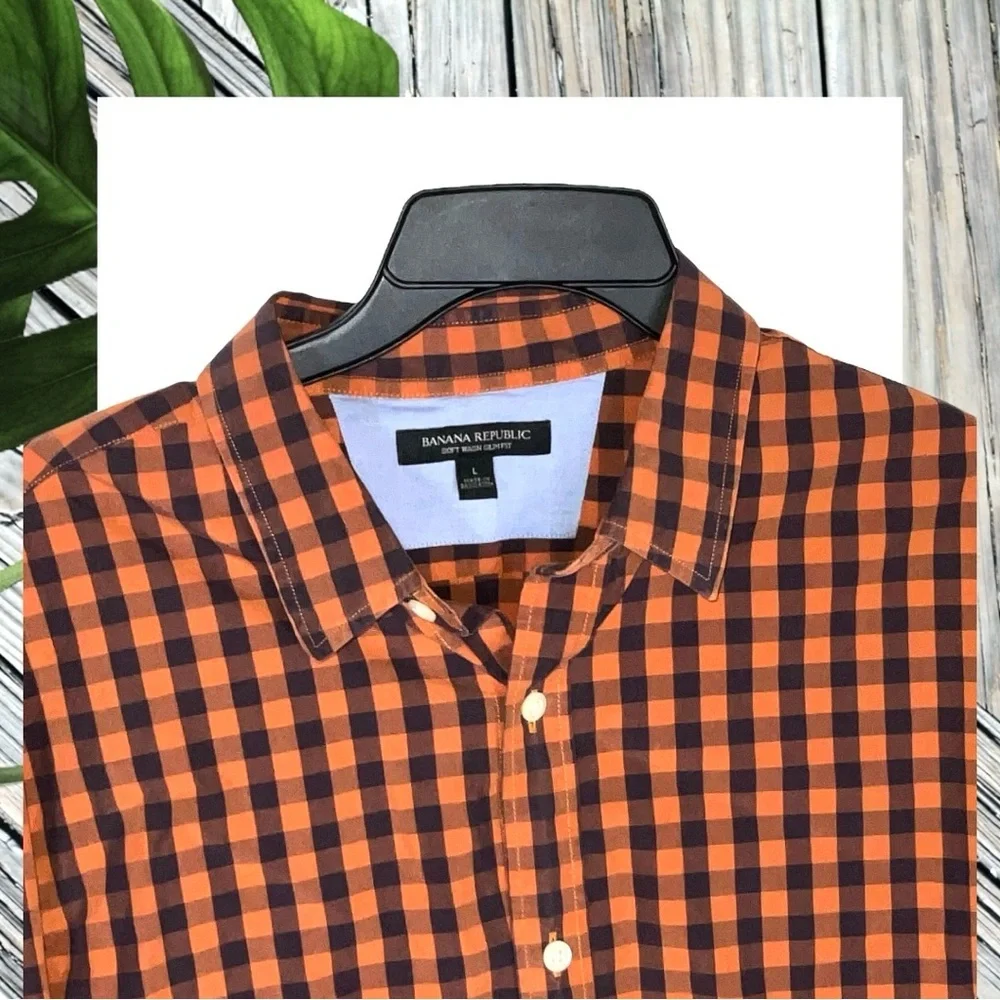 Banana Republic Orange & Navy Checked Long-Sleeved Button Shirt Men Size Large
